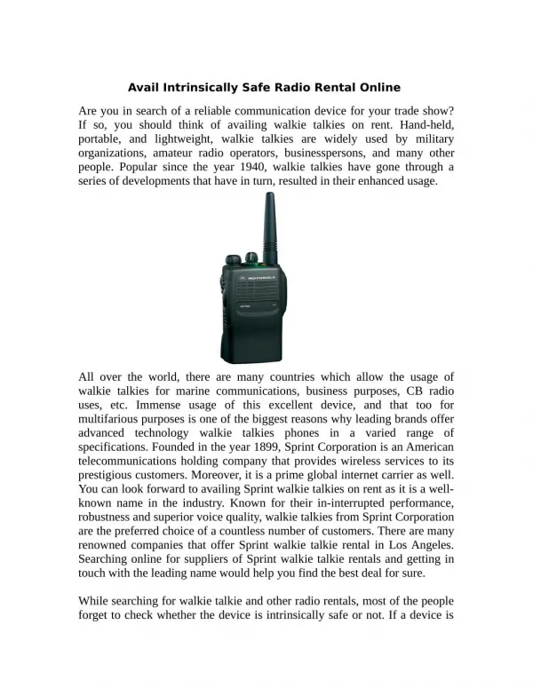Avail Intrinsically Safe Radio Rental Online