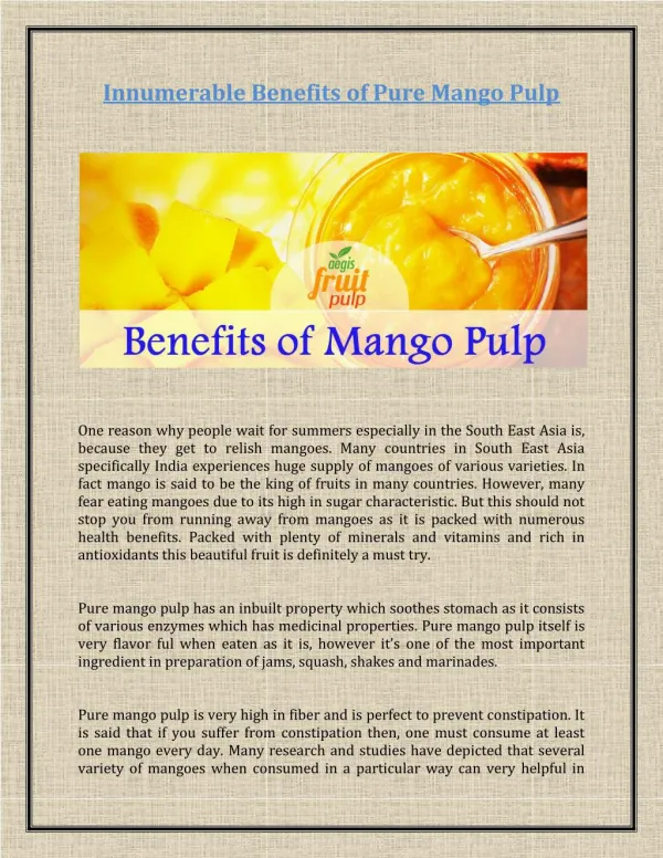 Innumerable Benefits of Pure Mango Pulp