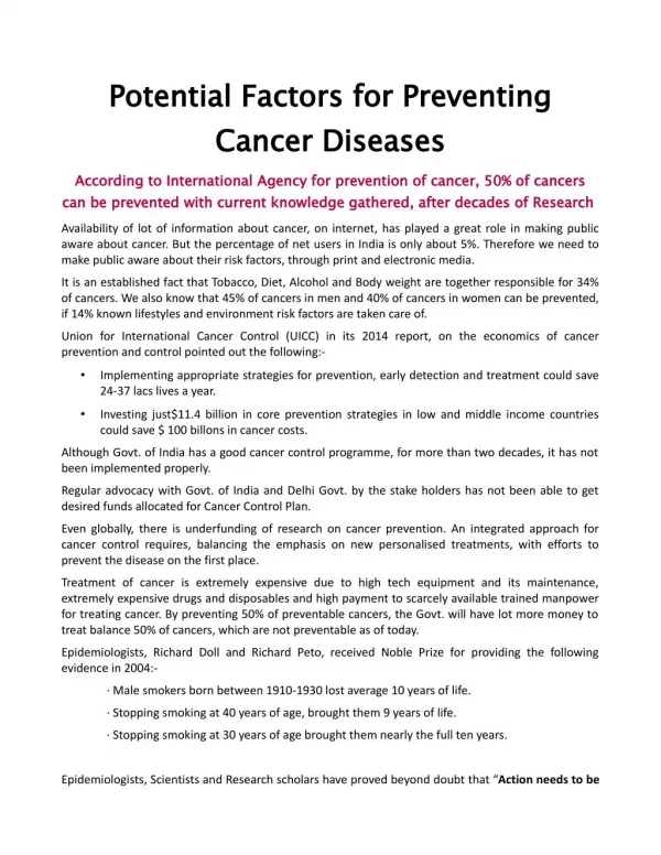Potential Factors for Preventing Cancer Diseases