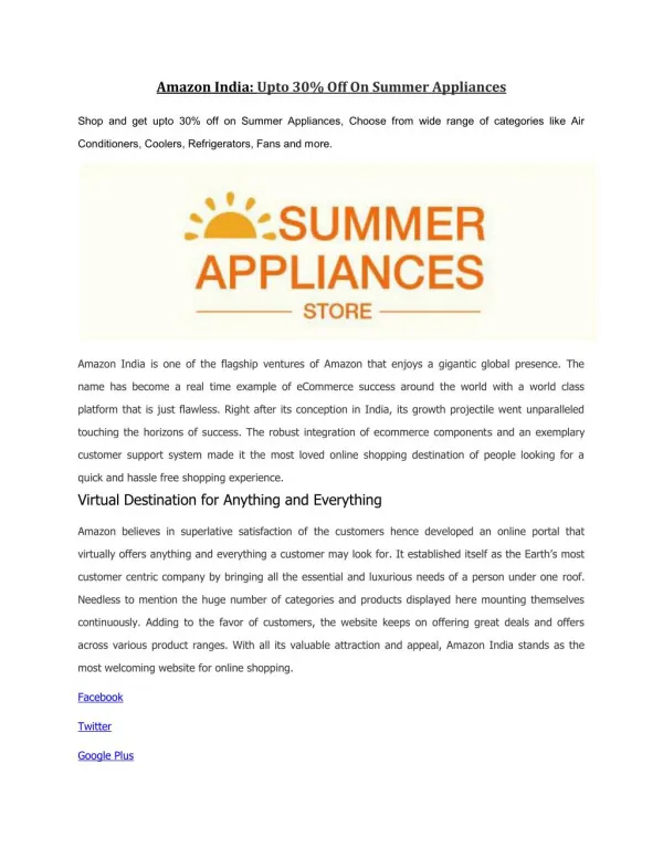 Amazon India: Upto 30% Off On Summer Appliances