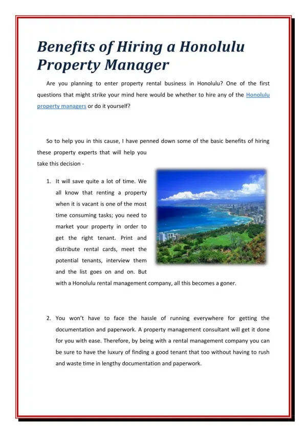 Benefits of Hiring a Honolulu Property Manager