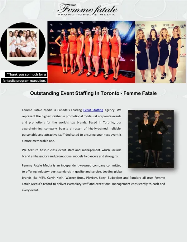 Outstanding Event Staffing In Toronto - Femme Fatale