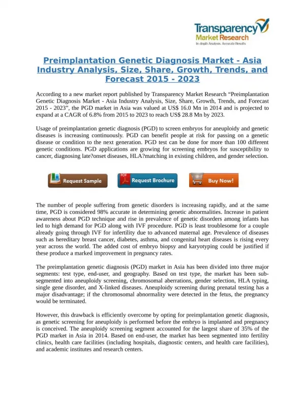 Preimplantation Genetic Diagnosis Market - Asia Industry Analysis, Trends, and Forecast 2015 - 2023