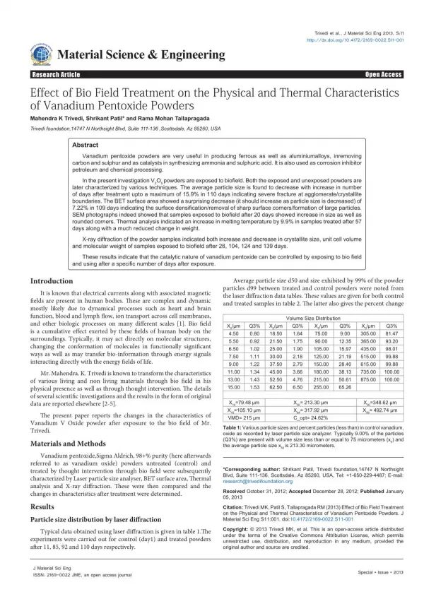 Effect of Bio Field Treatment on the Physical and Thermal Characteristics of Vanadium Pentoxide Powders