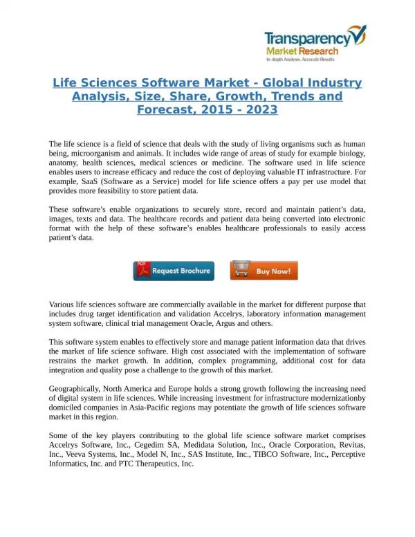 Life Sciences Software Market - Global Industry Analysis, Size, Share, Growth, Trends and Forecast, 2015 - 2023