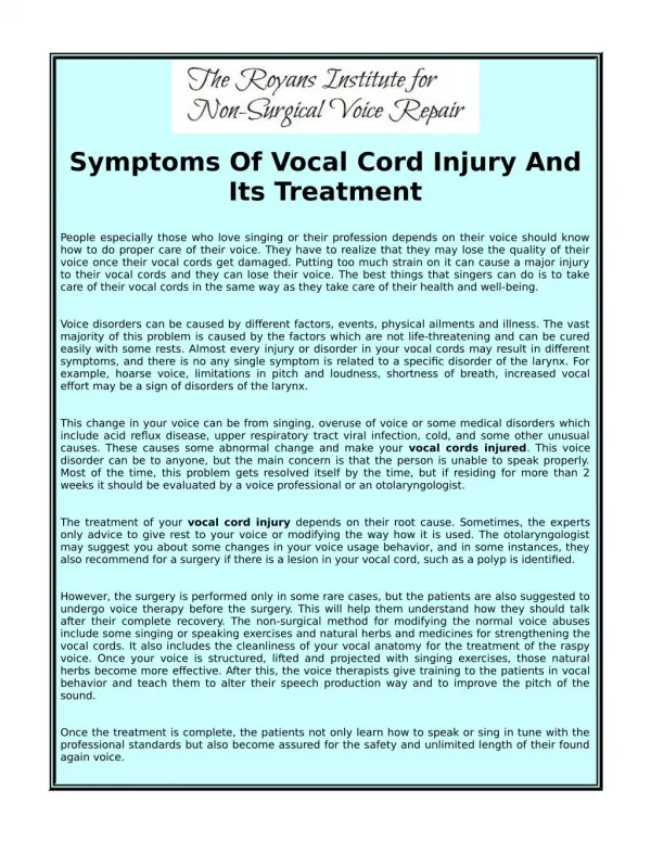 Symptoms Of Vocal Cord Injury And Its Treatment