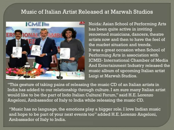 Music of Italian Artist Released at Marwah Studios