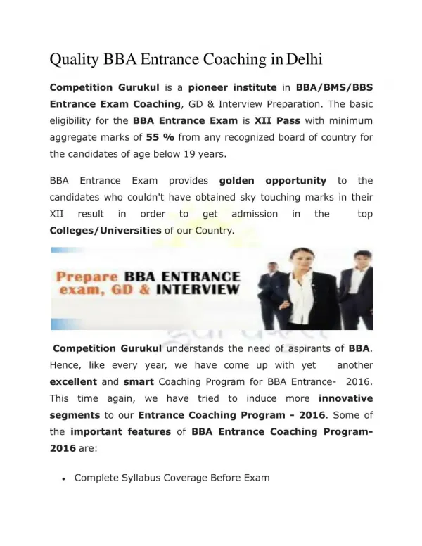 Quality BBA Entrance Coaching in Delhi