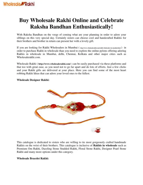 Buy Wholesale Rakhi Online and Celebrate Raksha Bandhan Enthusiastically!