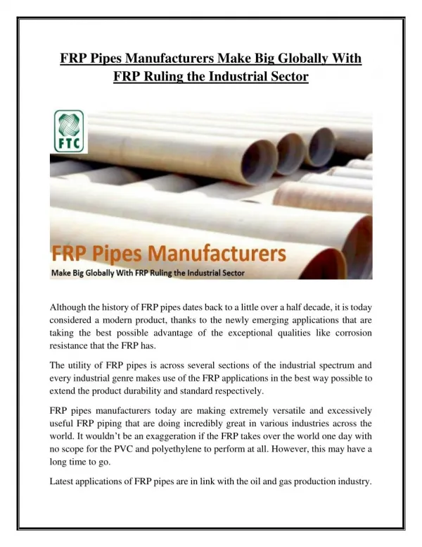 FRP Pipes Manufacturers Make Big Globally With FRP Ruling the Industrial Sector