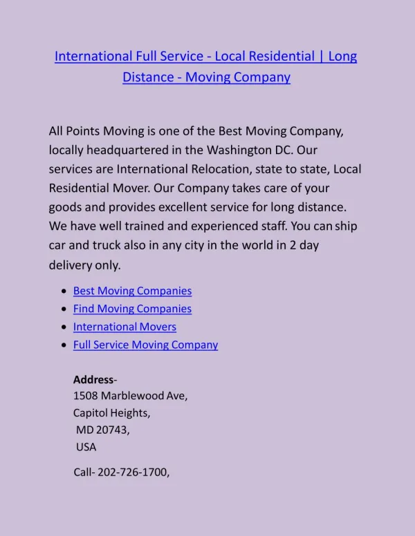 International Full Service - Local Residential | Long distance - Moving Company