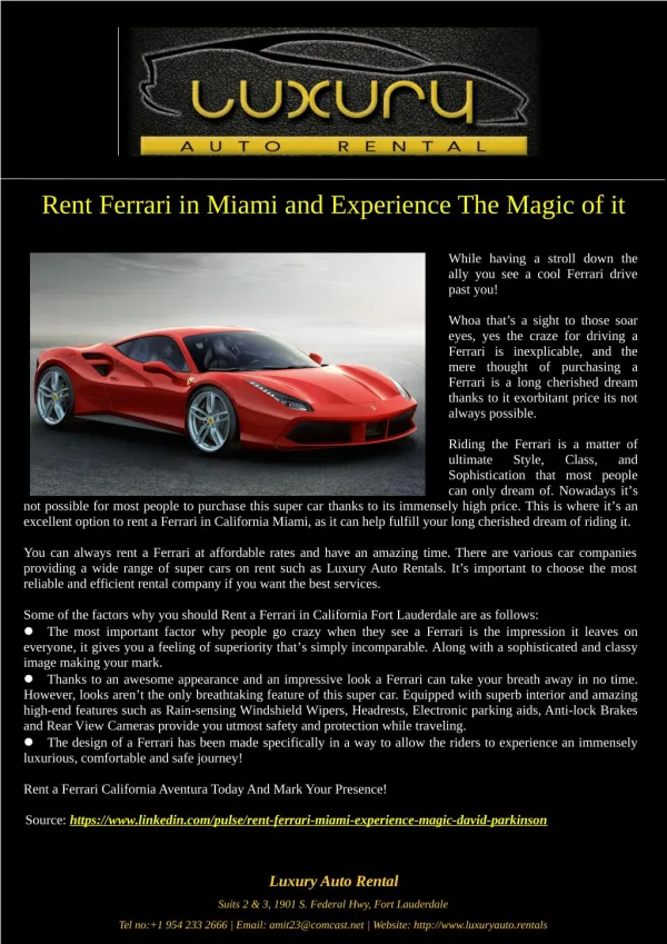 Rent Ferrari in Miami and Experience The Magic of it