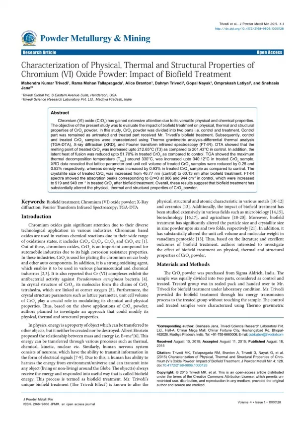 Biofield Energy Treatment Impact on Chromium (VI) Oxide