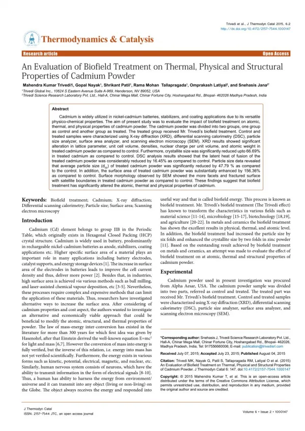 Analyze Biofield Energy Treatment Effect on Cadmium Powder