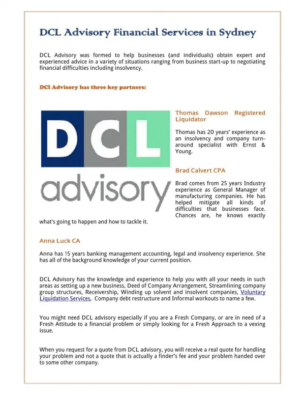 DCL Advisory Financial Services in Sydney
