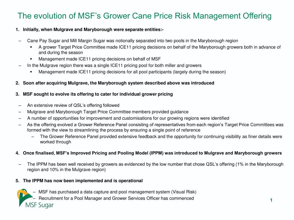 the evolution of msf s grower cane price risk management offering