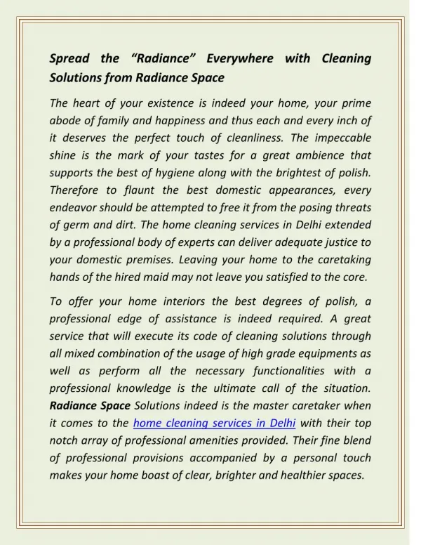 Spread the “radiance” Everywhere with Cleaning Solutions from Radiance Space
