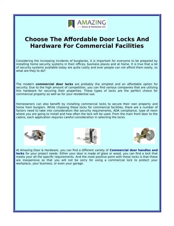 Choose The Affordable Door Locks And Hardware For Commercial Facilities