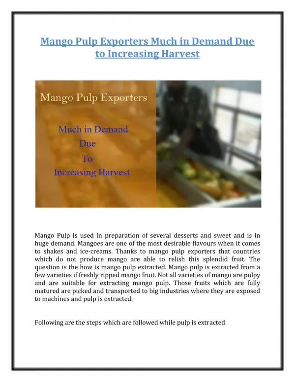 Mango Pulp Exporters Much in Demand Due to Increasing Harvest