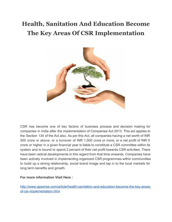 Health, Sanitation And Education Become The Key Areas Of CSR Implementation