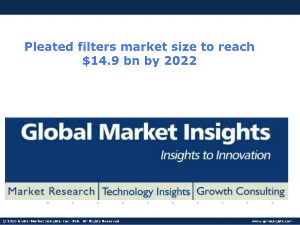 Pleated filters market size to reach $14.9 bn by 2022.