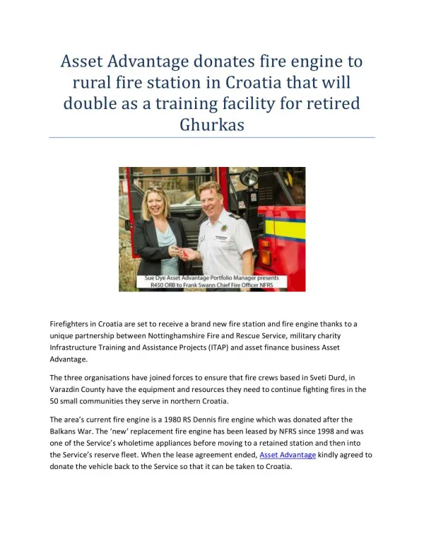 Asset Advantage donates fire engine to rural fire station in Croatia