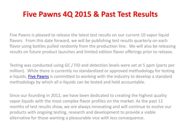 Five Pawns 4Q 2015 & Past Test Results