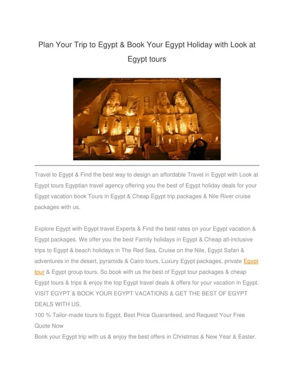 Plan Your Trip to Egypt & Book Your Egypt Holiday with Look at Egypt tours