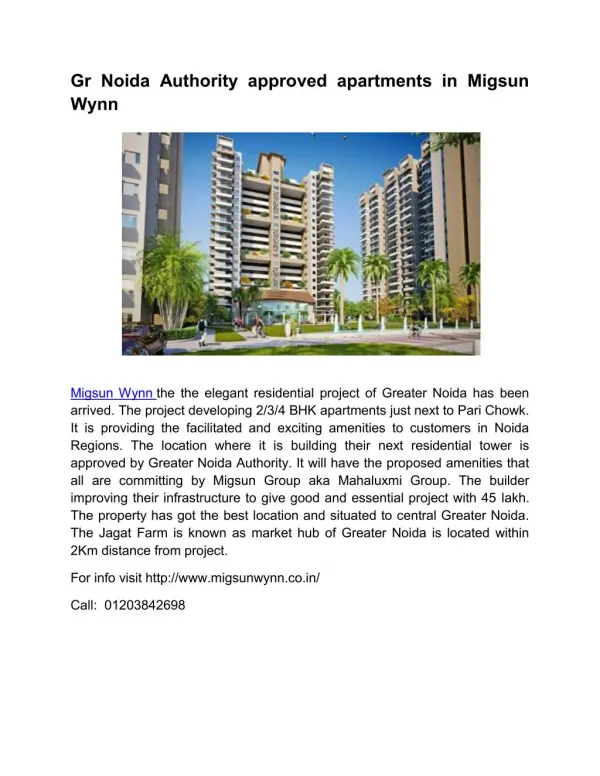 Gr Noida Authority approved apartments in Migsun Wynn