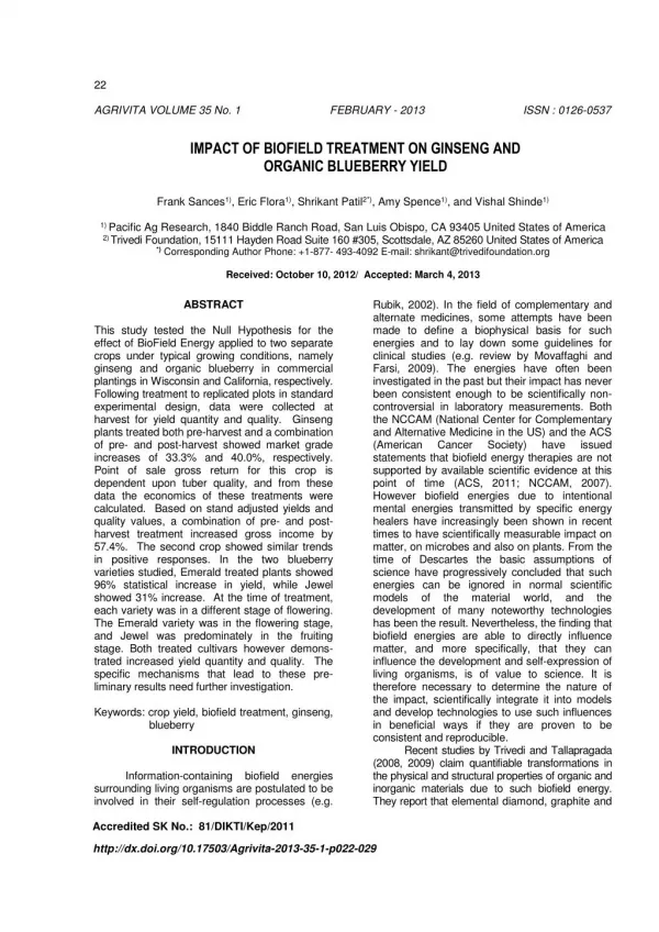 IMPACT OF BIOFIELD TREATMENT ON GINSENG AND ORGANIC BLUEBERRY YIELD