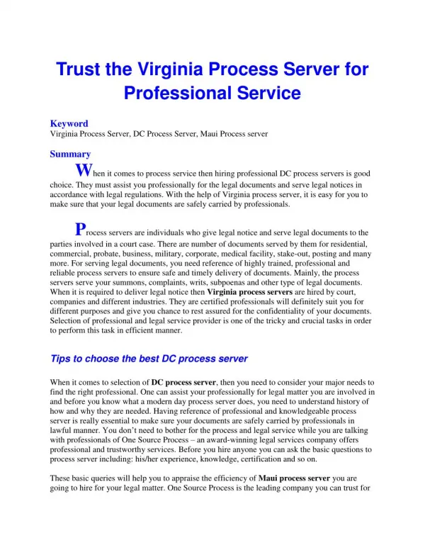 Trust the Virginia Process Server for Professional Service