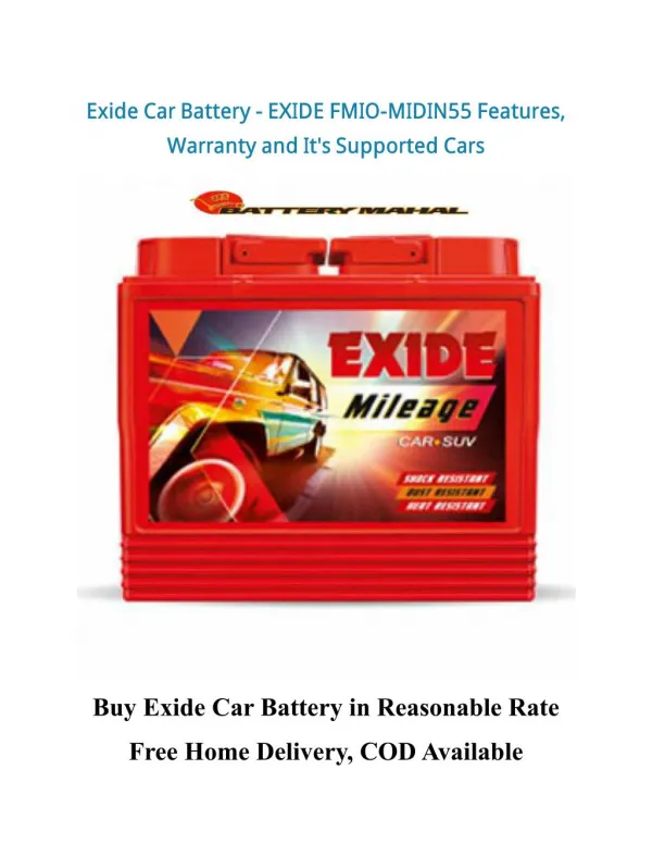 Exide Car Battery - EXIDE FMIO-MIDIN55 Features, Warranty and It's Supported Car