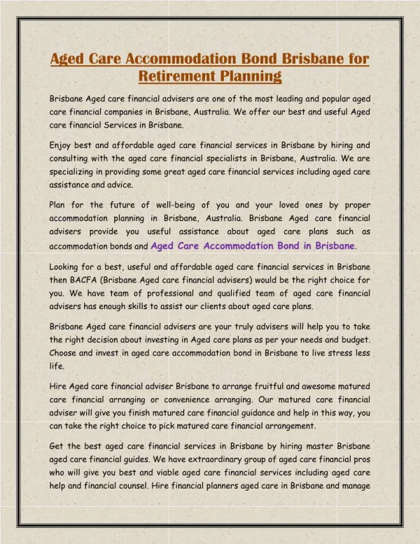 Aged Care Accommodation Bond Brisbane for Retirement Planning