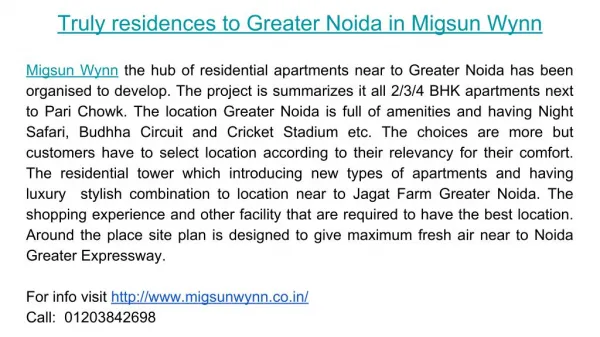 Truly residences to Greater Noida in Migsun Wynn