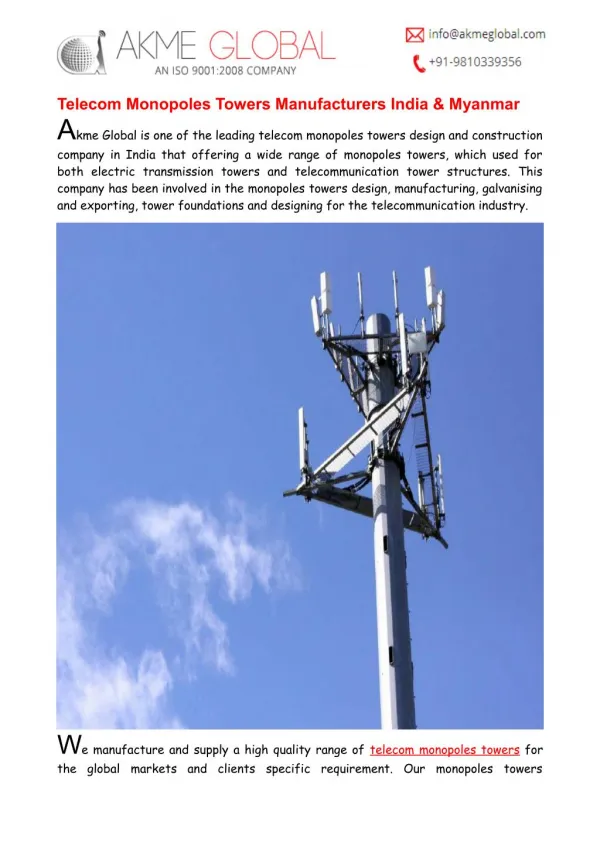 Telecom Monopoles Towers Manufacturers India