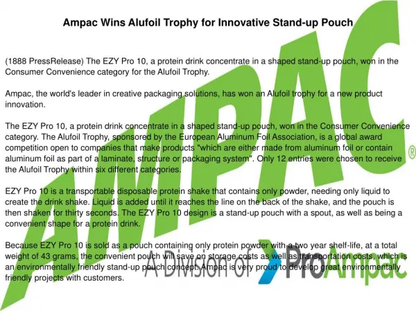 Ampac Wins Alufoil Trophy for Innovative Stand-up Pouch