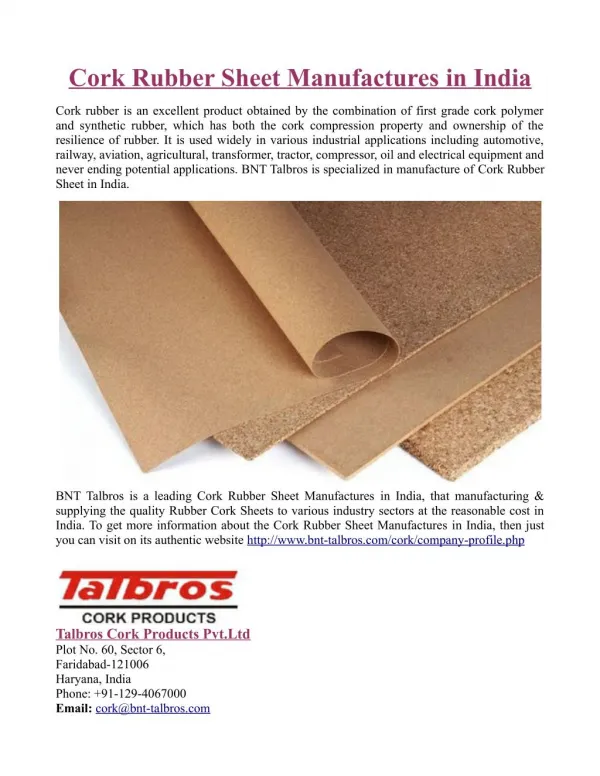 Cork Rubber Sheet Manufactures in India