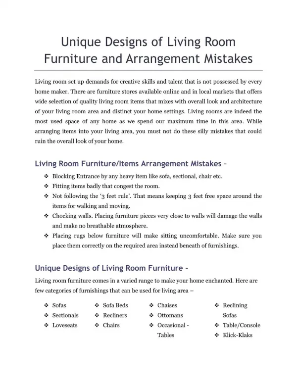 Unique Designs of Living Room Furniture and Arrangement Mistakes