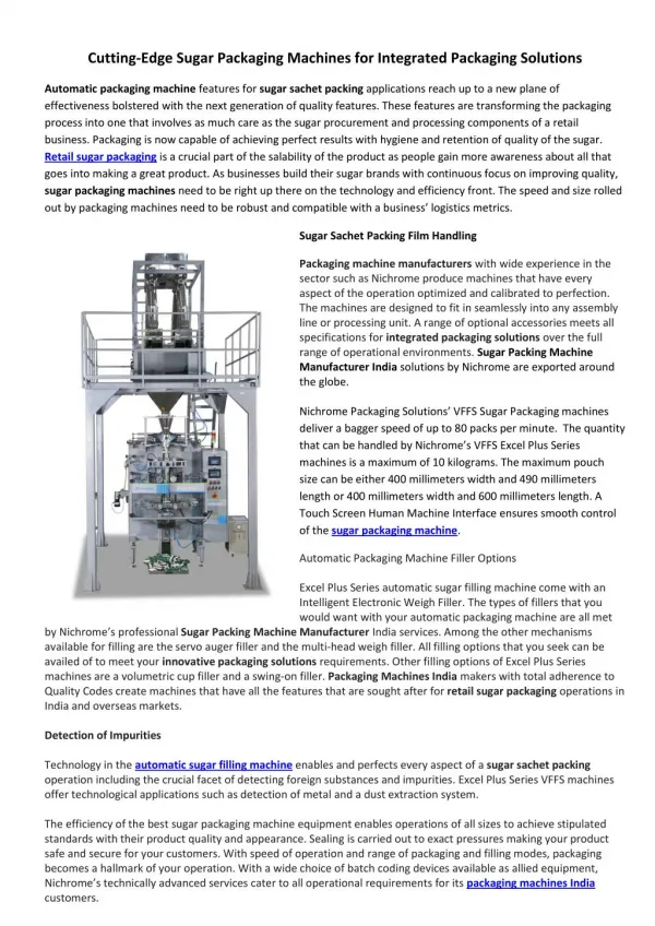 Cutting-Edge Sugar Packaging Machines for Integrated Packaging Solutions