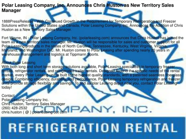 Polar Leasing Company, Inc. Announces Chris Huston as New Territory Sales Manager