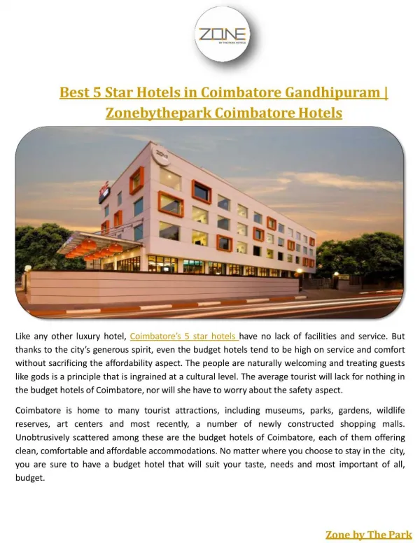 Best 5 Star Hotels in Coimbatore Gandhipuram | Zonebythepark Coimbatore Hotels