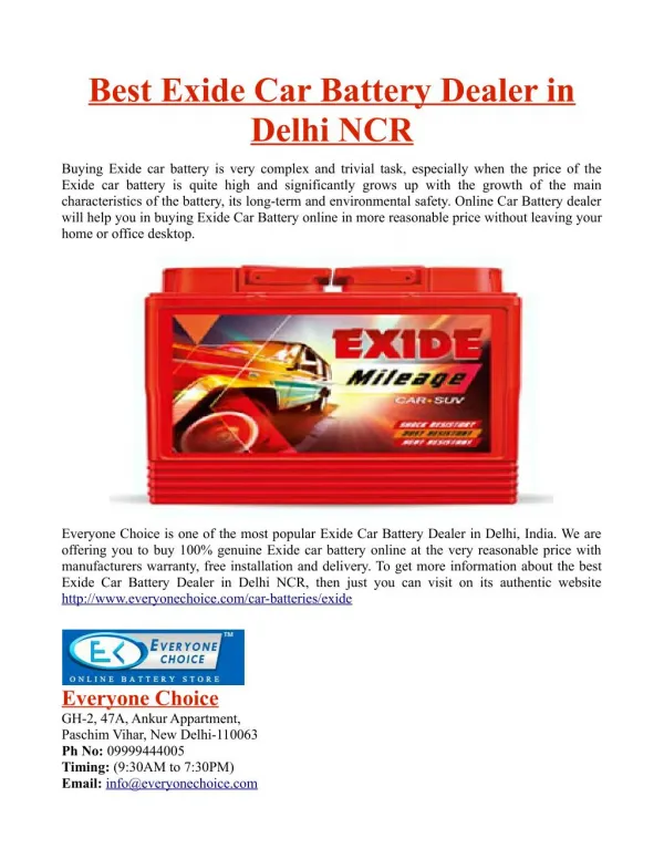 Best Exide Car Battery Dealer in Delhi NCR