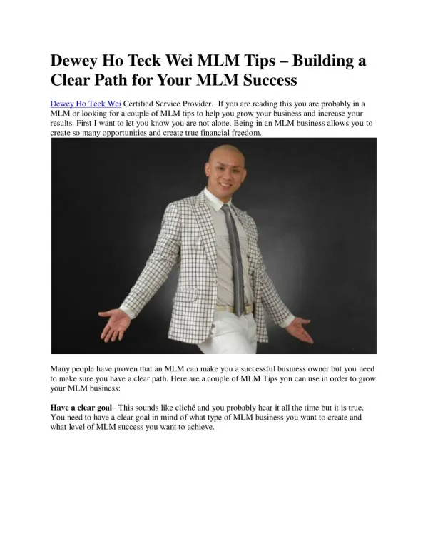 Dewey Ho Teck Wei MLM Tips – Building a Clear Path for Your MLM Success