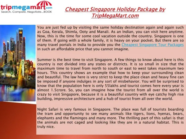 Cheapest Singapore Holiday Package by TripMegaMart.com