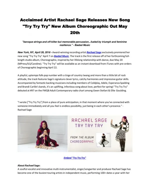 Acclaimed Artist Rachael Sage Releases New Song "Try Try Try" New Album Choreographic Out May 20th