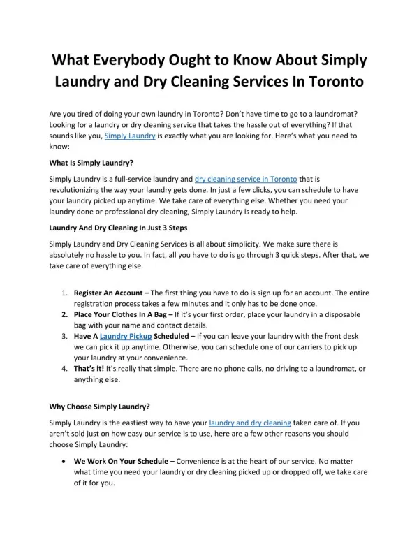 What Everybody Ought to Know About Simply Laundry and Dry Cleaning Services In Toronto