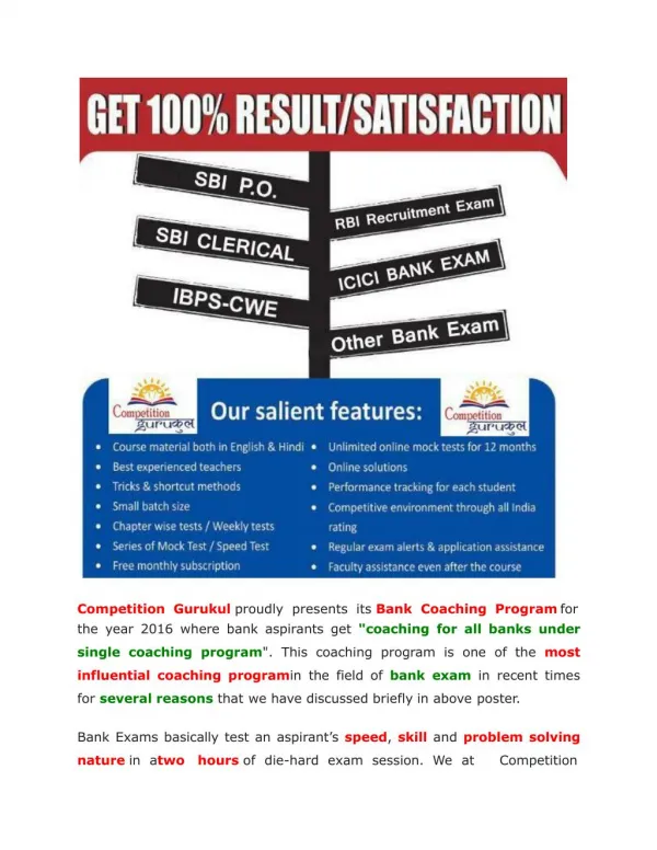 Get Quality Coaching for Bank Exam 2016. Get Coaching for All Bank Exam In One Coaching Program