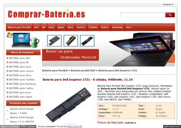 http://www.comprar-bateria.es/dell-inspiron-1721-bateria.html