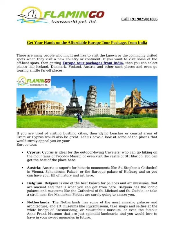 Affordable Europe Tour Packages from India 2016 | Flamingo Travels