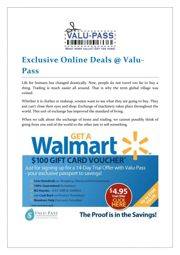 Exclusive Online Deals @ Valu-Pass